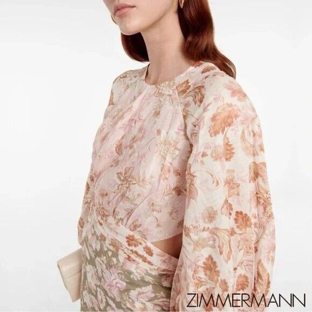 Zimmermann Lyre Wrap Billow Mini Dress Women’s Size 4 US 12 Light Pink Linen - Picture 3 of 16